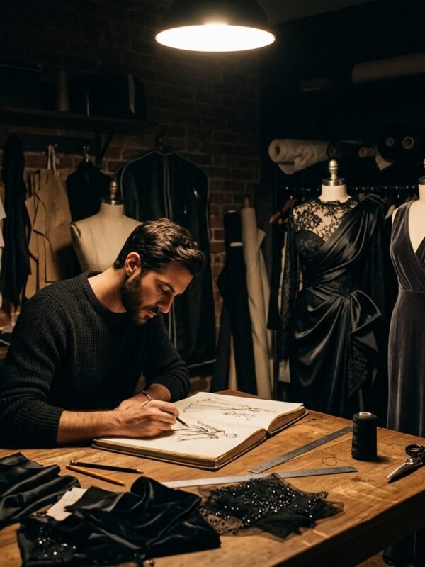 Fashion designer sketching evening wear designs under dramatic spotlight in studio