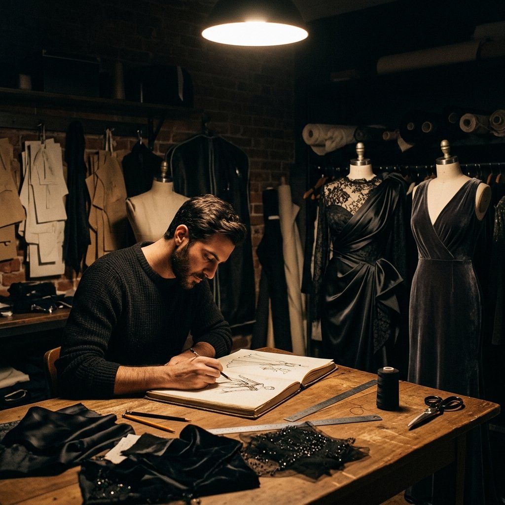 Fashion designer sketching evening wear designs under dramatic spotlight in studio